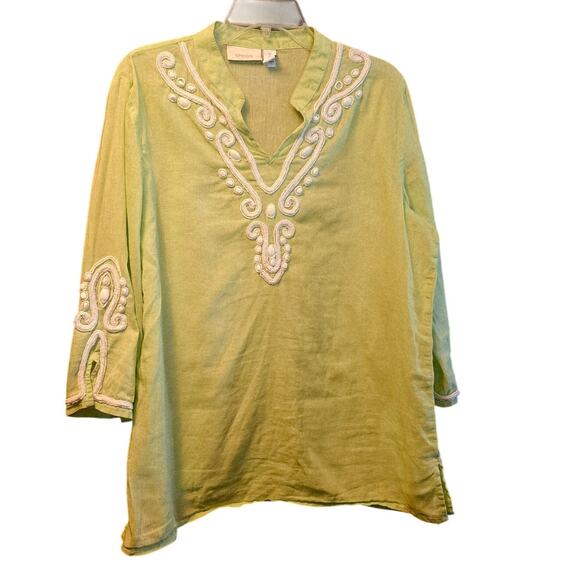 Chico's linen blend green beaded blouse - Picture 1 of 6